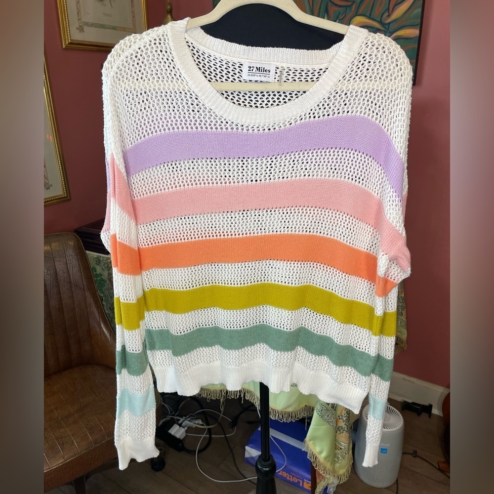 27 Miles Cotton Lightweight Striped Wide Neck Crew Sweater Small Retail $225.